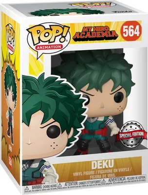 A Funko Pop! vinyl figure of Deku from My Hero Academia, shown in its original packaging.