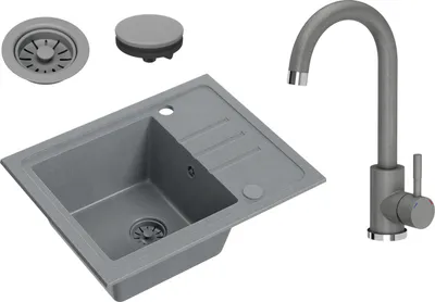 Produktbild von VBChome Spülbecken Granit Grau mit Armatur 55 x 44 cm Einzelbecken Einbauspüle Gesprenkelt Reversibel Granitspüle Grau Siphon Waschbecken Grau Armatur