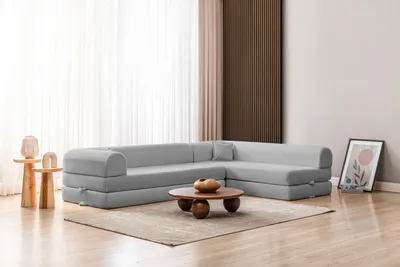 Productafbeelding van Hanah Home, hoekbank met bedfunctie, 280 cm, 100% ribfluweel, lichtgrijs, 4 kussens, geschikt voor huisdieren