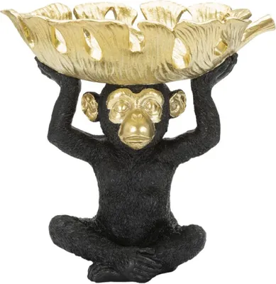 Zdjęcie produktu dla o Ferretti dekoracyjna figurka małpki z miską w kształcie liścia 25,2x21x24 cm czarne złoto