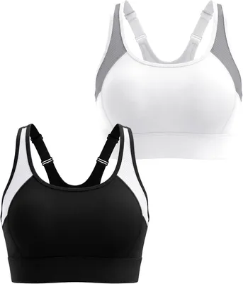 Produktbild von Sport-BHs für Damen in zweifarbiger Blockoptik, mit Racerback-Design und verstellbaren Trägern