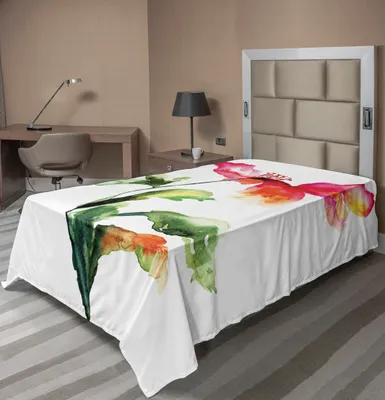 Produktbild von ABAKUHAUS Aquarell-Blumen Bettlaken, Schattierte Einzelne Mohnblume Blühende Pflanze Muse Erde Göttliche Anmut, weiches bequemes oberes Bettlaken für ein dekoratives Bett 1 Stück 260 cm x 168 cm, Grün Weiß Rot