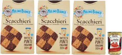 Produktbild von Mulino Bianco Biscotti Scacchieri Frolla con Caramello e Cioccolato, Kekse mit Karamell und Schokolade, biscuits cookies, 3x 300g + Italian Gourmet polpa 400g