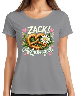 Produktbild von Zack Aufgebrezelt Brezel Edelweiss Lederhose Dirndl Damen T-Shirt, Grau, XL