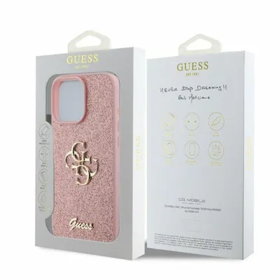 A product package for a pink glitter phone case with a gold Guess logo.