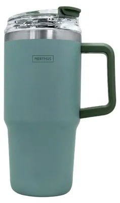 Thermobecher 600 ml grün, doppelwandig, mit Deckel & Strohhalm