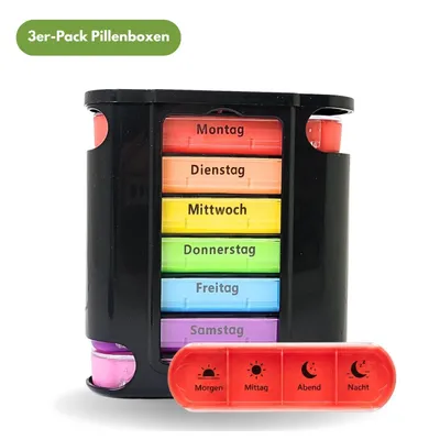 Produktbild von Frohbach 7 Tage Tablettenbox - Seniorenfreundliche Medikamentenbox für 1 Woche, BPA Frei, für unterwegs & Zuhause, 4 Fächer pro Tag, Schwarz, 3 Stück