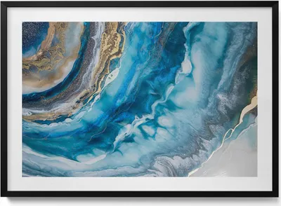 Produktbild von Blauer Marmor Abstraktion– Wandbild mit Rahmen – Gerahmtes Bild  – Wanddekoration – 100x70 cm –  Schwarz Rahmen