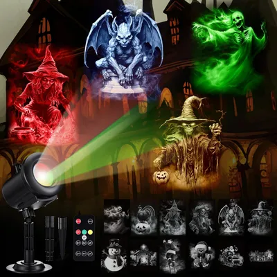 3D-Projektor mit 12 Folien, Fernbedienung, IP45, für Halloween & Weihnachten