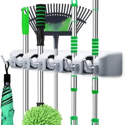 Produktbild von Famanu Besenhalter Wandmontage mit 5 Positionen und 6 Haken - platzsparendes Aufbewahrungssystem