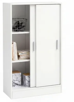 Produktbild von FineBuy Kommode Weiß 60 cm Breit mit 2 Schiebetüren für Büro Akten Schiebetürenschrank Aktenschrank Sideboard Kleiderschrank