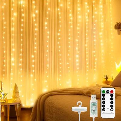 Imagen del producto de Cortina de luces para interior, 2x2 metros, con 200 LEDs, 8 modos, temporizador y conexión USB