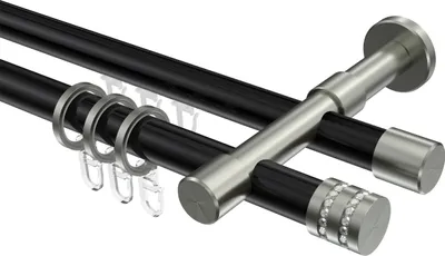 Produktbild von Interdeco Rundrohr-Innenlaufstange / Gardinenstange (Kombination) Schwarz / Edelstahl-Optik, Typ Prestige Estana (Glitzerkappe), 20 mm Ø 2-läufig, 100 cm