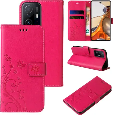 Produktbild von Handyhülle für Xiaomi 11T / 11T Pro Floral Blumen Schmetterling Flip Cover Hülle Case Klapphülle Handytasche Farbe: Pink