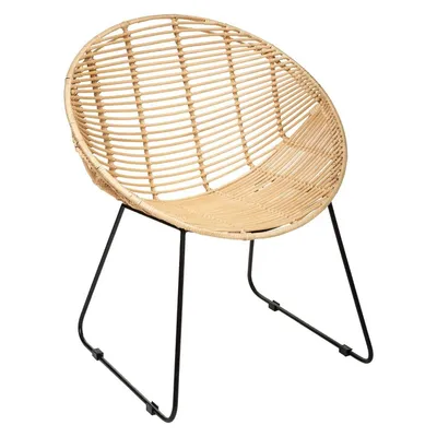 A rattan chair with black metal legs on a white background.