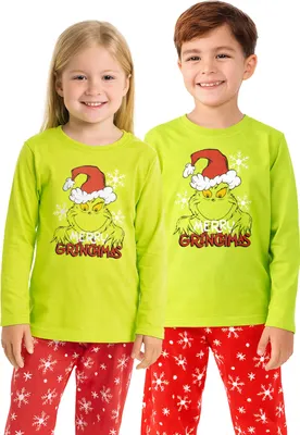 Produktbild von The Grinch Schlafanzug für Mädchen und Jungen - Kinder Pyjama Set Langarm Oberteil mit Hose Grün/Rot 98-104