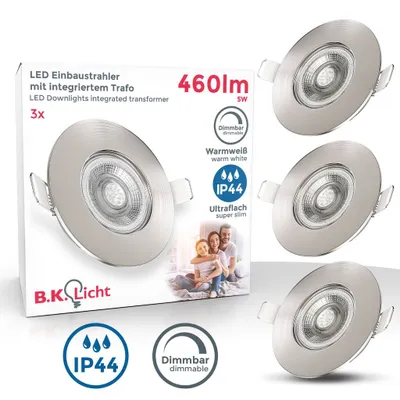 Produktbild von Einbaustrahler 68mm 3er Set - 230V, 5W, 460lm, LED, dimmbar, IP44, warmweiß, matt-nickel