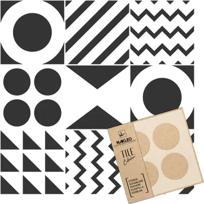 Produktbild von Tile Fliesen Schablone zum Malen 6 Stück Set 25x25 cm, Tarouca Abstrakte Geometrie Modern, Kunststoff Wiederverwendbare Bodenschablone DIY