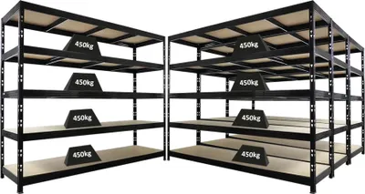 Produktbild von Mega Deal | 4x Profi Schwerlastregal Rhino | HxBxT 200x240x70cm | 5 Spanplatten-Ebenen 8mm | Fachlast 450kg | Schwarz