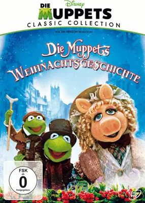 The image is a DVD cover for 'Die Muppets Weihnachtsgeschichte' (The Muppet Christmas Carol), featuring Kermit the Frog, Miss Piggy, and Fozzie Bear in festive attire against a snowy backdrop.