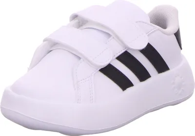 A single white Adidas Grand Court 2.0 CF sneaker with black stripes.