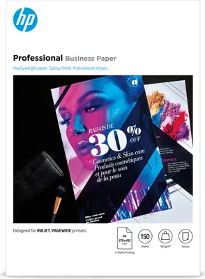 Produktbild von HP ProfessionalMehrzweckpapier, glänzend, 180 g/m² – 150 Blatt/A3/297 x 420 mm, Tintenstrahldrucker, A3 (297x420 mm), Glanz, 150 Blätter, 180 g/m², Weiß