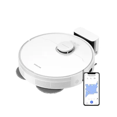 A white robot vacuum cleaner with a charging dock and a smartphone displaying a cleaning map.