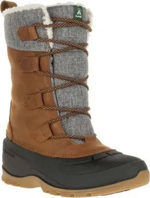 A single brown winter boot is shown against a white background.