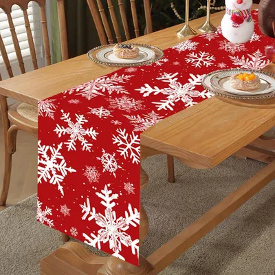 Produktbild von Weihnachts-Tischläufer Schneeflocken Leinen Rot Weiß 36x183 cm
