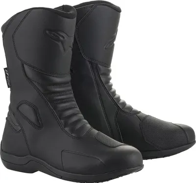 A pair of black motorcycle boots.