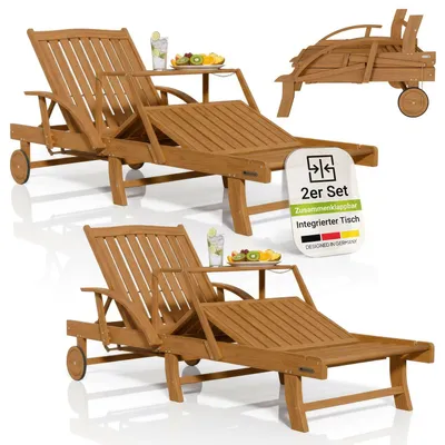 Produktbild von Juskys® 2er Set Sonnenliege SunScape Natur, Akazie Holz mit klappbarem Tisch - 196x72,5x30 cm