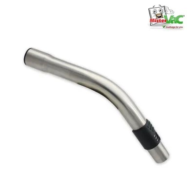 A silver vacuum cleaner hose attachment with a black grip, isolated on a white background. A logo for 'MisterVac' is in the top right corner.