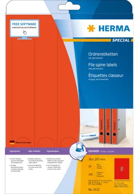 Zdjęcie produktu dla HERMA 5132, Czerwony, Samoprzylepne etykiety do drukowania, A4, Papier, Laser/Atrament, Na stałe