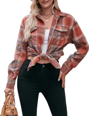 Produktbild von ASKSA Damen Karierte Bluse Casual Oversized Hemdbluse Langarmshirt Elegant Hemd Oberteile, Orange, 2XL