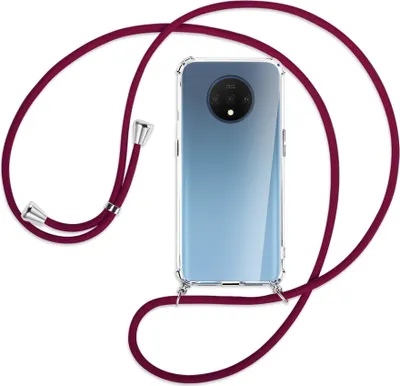 Produktbild von Handykette Backcover-Schutzhülle mit Band (Metall silberfarben) für OnePlus 7T - dunkelrot