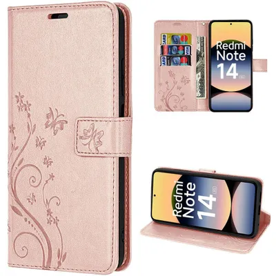 Image de Coque pour Xiaomi Redmi Note 14 5G, Protection Rabat Antichoc Synthécuir Motif Papillon Rose
