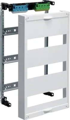 A white electrical distribution box mounted on a gray metal rail system with blue and green connectors at the top.