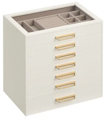 Produktbild von SONGMICS Schmuckkästchen mit 7 Ebenen und Glasdeckel, Schmuck-Organizer mit Schubladen, 24 x 17,2 x 24 cm, Weiß