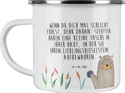 Produktbild von Mr. & Mrs. Panda Pott Otter Stein - Weiß - Geschenk, Teetasse, Seeotter, Haferl, becher emaille, Fun Facts, Witzige Fakten, Pflanzen, Tasse