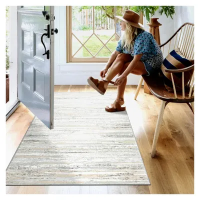 Produktbild von Teppichläufer Flur 80x150 cm, leichter Kurzflor Küchenteppich, waschbar, rutschfest, beige Teppichläufer für Wohnzimmer, Küche, Diele, Eingang, Balkon