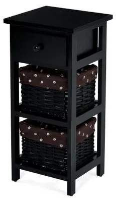 Produktbild von Nachttisch mit Schublade und 2 Aufbewahrungskörben, Beistelltisch Korbkommode, Schubladenregal für Schlafzimmer, Wohnzimmer 28x26x60cm (Schwarz)