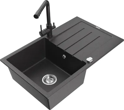 Produktbild von Mexen Bruno 1 Becken-Granitspüle mit Abtropffläche und Mischbatterie Duero, Schwarz gesprenkelt - 6513-76-671600-76