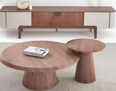 Image de Ensemble de salon moderne : buffet marron, table basse ronde, table d'appoint