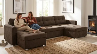 Produktbild von Ecksofa VARIUS BIG Apollo – mit Schlaffunktion, Cordstoff in Braun, Family Meble, KI-generiertes Bild