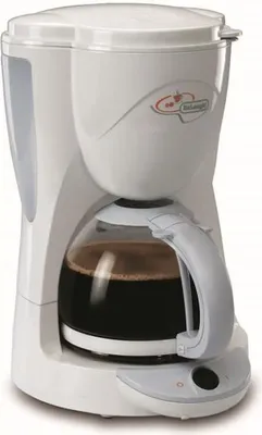 A white DeLonghi drip coffee maker with a glass carafe filled with coffee, placed on a white background.