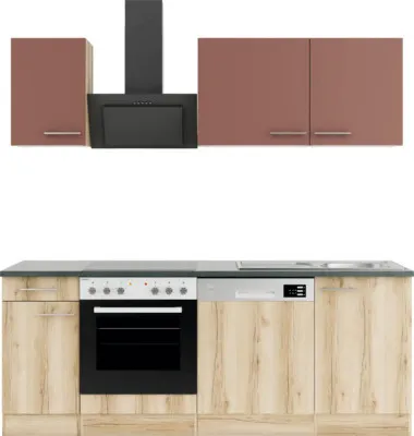 Produktbild von Optifit Küchenzeile mit Geräten Bari407/Livorno290 210 cm rostrot wildeiche matt strukturiert zerlegt Variante reversibel KPBL 2179-9+