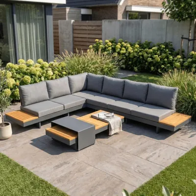 Produktbild von Gartenlounge Premium Barbados Ecksofa verstellbares Gartenset 6-Sitzer Aluminium/Holz – 43171PT