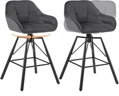 Productafbeelding van Barstoelen, set van 2, 360° draaibaar, bistrostoelen met rugleuning, toonbankstoelen met rugleuning, voetsteun, 4 poten, draaibaar, gestoffeerd, fluweel, metaal, donkergrijs, BH397dgr-2