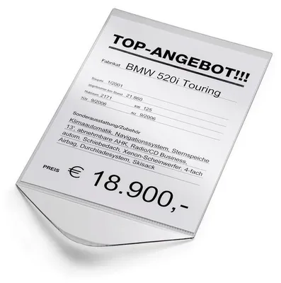 Produktbild von Verkaufsschilder, zum Klemmen hinter Seiten- oder Frontscheibe, transparent, Transparent, Format DIN A4 hoch
