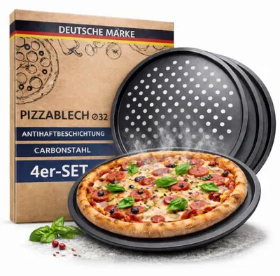 Pizzaplatte Set 4er Ø 32 cm – perforiert, Stahl, antihaft, anthrazit